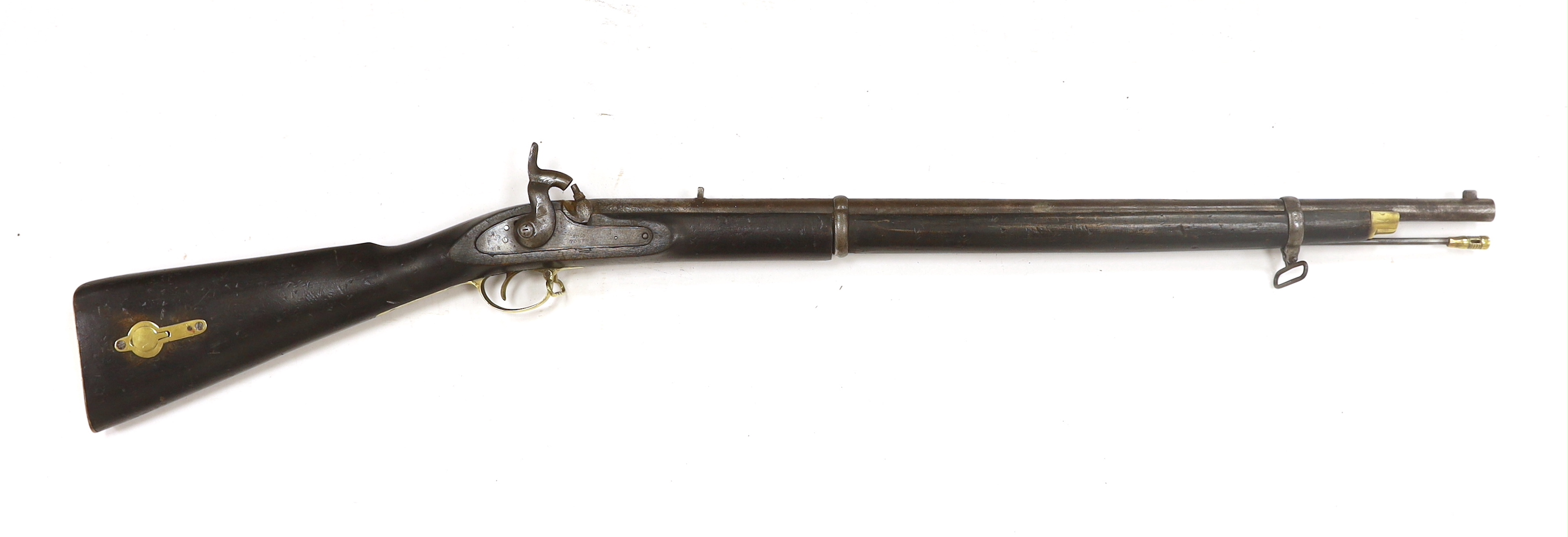 A Victorian percussion cap rifle (Tower Carbine), lock stamped 1859 TOWER and VR cypher, two barrel bands and compartment in stock, barrel 74cm